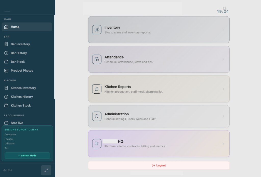 Restaurant operations app — inventory, attendance, and kitchen tools dashboard